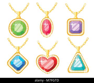 Ensemble de bijoux en or. Necklaces Collections avec carré, cercle, triangle et coeur, pendentifs diamant. Caricature de la chaîne de conception. Vector illustration isol Illustration de Vecteur