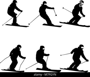 Définir la vitesse vers le bas de la pente de ski de montagne silhouette sport Illustration de Vecteur