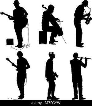 Silhouettes des musiciens de rue jouer des instruments sur un fond blanc Illustration de Vecteur