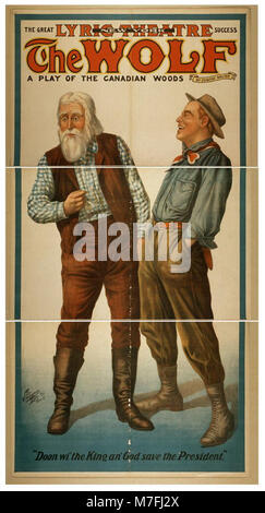 Une couverture ou une image promotionnelle de la pièce « le loup : un jeu des bois canadiens » d'Eugene Walter, qui décrit les thèmes de la nature sauvage et de la survie du Canada. Numéro LCCN 2014635948. Banque D'Images