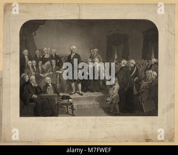 La scène montre George Washington prononçant son discours inaugural à New York en avril 1789, un moment charnière dans l'histoire des États-Unis. Cette image, peinte par T.H. Matteson et gravée par H.S. Sadd, reflète cet événement historique important. Banque D'Images