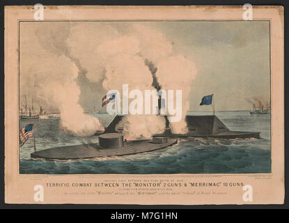 Combat entre le terrible 'Monitor' 2 canons & errimac «' 10 fusils le premier combat entre navires de fer vêtu de la guerre, à Hampton Roads, le 9 mars 1862, dans laquelle le petit 'Monitor' attisèrent les RCAC90710608 Banque D'Images