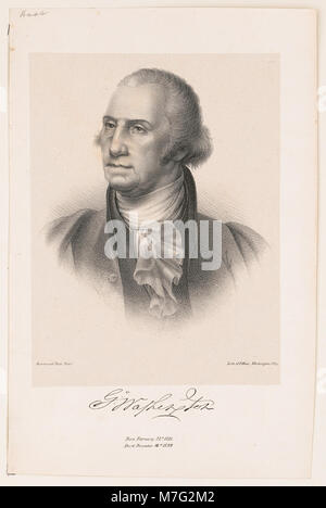 Cette lithographie de P. Haas représente un portrait de George Washington, peint par Rembrandt Peale. Il représente une image emblématique du premier président américain, soulignant son importance dans l'histoire américaine. Banque D'Images
