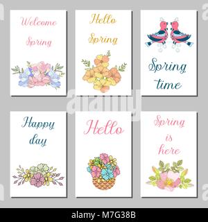 Conception des cartes d'anniversaire avec des fleurs abstraites et texte écrit à la main. Belle collection de cartes de voeux dans le style Doodle. Illustration de Vecteur