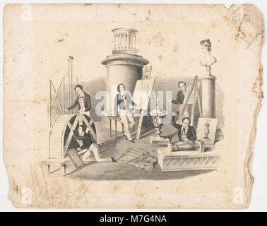 Cette photographie représente des étudiants d'une académie d'art travaillant sur divers projets créatifs. L'image met en valeur l'environnement de l'académie et l'accent mis sur l'éducation artistique pendant cette période. Banque D'Images