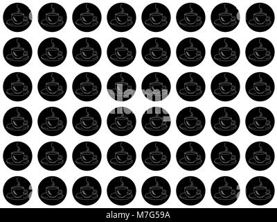Modèle transparent avec des silhouettes blanches de tasses de café dans les cercles noirs sur fond blanc Banque D'Images