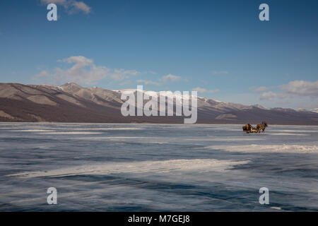 Cheval et un traîneau sur un lac gelé de Khuvsgul en Mongolie Banque D'Images