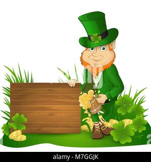 Leprikon la Saint-Patrick avec une chope de bière à proximité d'un bouclier en bois sur un fond de pièces d'or avec des feuilles de trèfle et de gazon Illustration de Vecteur