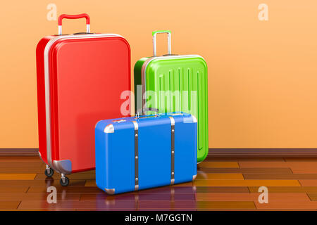 Bagages, bagages, valises colorées dans la chambre sur le plancher en bois, 3D Rendering Banque D'Images