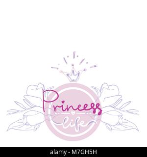 Carte d'anniversaire princesse, fille de couleur projekt logo, t-shirt d'impression, lettrage princess vie avec fleurs floral ornament in circle Illustration de Vecteur