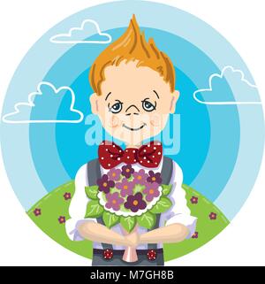1er septembre 24, l'éducation scolaire, la couleur attire du sourire cute boy rendez-vous à la première fois à l'école, bouquet de fleurs à l'enseignant, mam, fille, ciel bleu avec des nuages blancs de l'herbe verte avec des fleurs d'arrière-plan Illustration de Vecteur