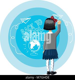 Petite fille cheveux noirs se tiennent près de fond bleu, écriture et nautiques telles que la craie blanche, le retour à l'école, avion de papier dessin et globe avec de la craie sur un tableau noir Illustration de Vecteur