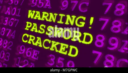 Les cyberattaques et les avertissements de sécurité informatique - Mot d'avertissement - vert craquelé de mots et de chiffres sur fond violet. La sécurité des données numériques et te Banque D'Images