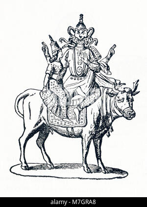 Cette illustration date d'environ 1898 et représente le dieu Hindou Siva (également orthographié Shiva). Siva a fait partie de la TRIMURTI. Dans l'hindouisme, la Trimurti représentent la divinité suprême. Cette triade de divinités est habituellement comme suit : Brahma est le créateur, Vishnu est le protecteur, et Shiva est le destructeur. Ici Siva est photographié avec Nandi, le taureau et la porte-gardien de Siva, demeure du Kailasa. Nandi est porteur de la vérité et de la justice. Banque D'Images
