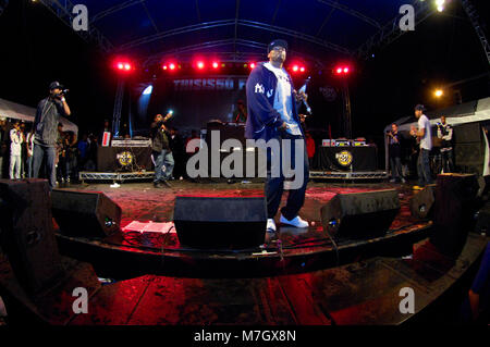 Le rappeur 50 Cent, Tony Yayo et Lloyd Banks de G-Unité effectue au c'est 50 Festival au Gouverneur de l'île le 3 octobre 2009 à New York. Banque D'Images