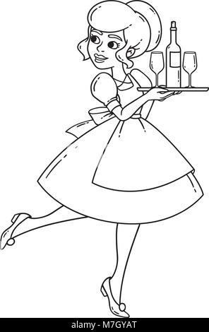 Belle serveuse avec bac, verre de vin et une bouteille de vin. Vector illustration isolé sur fond blanc. Page à colorier. Contours illistration. Illustration de Vecteur