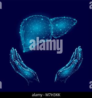 Sensibilisation de la Journée mondiale de l'hépatite 28 juillet la santé du foie. Modèle poly faible médecine organe humain tenir la main d'illustration vectorielle géométriques polygonales Illustration de Vecteur