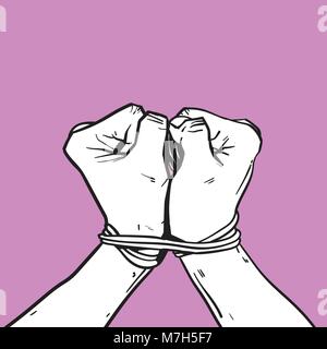 Sketch les mains liées avec une corde isolé sur fond violet Illustration de Vecteur