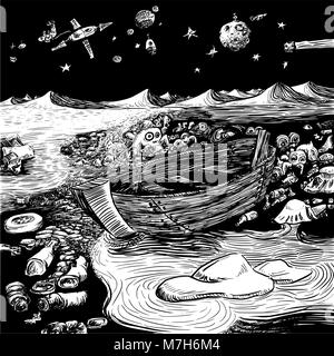 Les créatures de la mer dans un littoral pollué avec un seul bateau à rames à la dérive entre les rochers par le rivage. Le littoral est polluée par le plastique Illustration de Vecteur