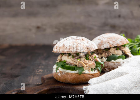 Food burger avec du thon, des herbes, concombres, oignons, fromage cottage. Banque D'Images