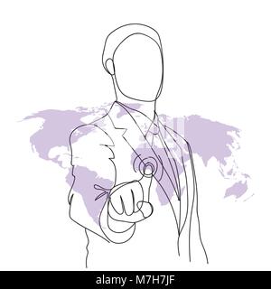 Business Man Doodle Travailler avec écran numérique futuriste Appuyer sur le bouton sur la carte du monde à la main Illustration de Vecteur