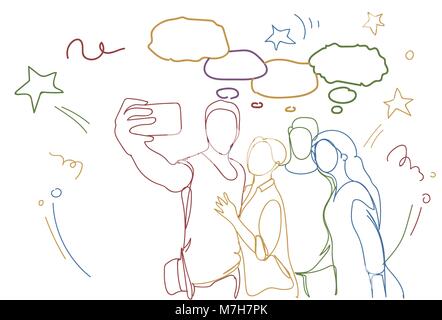 Groupe de personnes amis prendre Photo Selfies Doodle Hommes et femmes Faire Self Portrait On Smart Phone Embracing Illustration de Vecteur