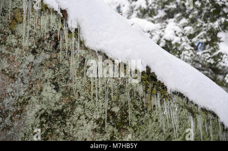 Les glaçons sur un rocher couvert de neige en hiver Banque D'Images