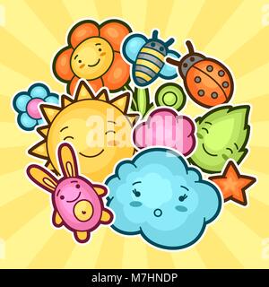 Enfant mignon kawaii doodles avec en arrière-plan. Collection de printemps de joyeux personnages de soleil, nuage, fleur, feuille, coléoptères et objets de décoration Illustration de Vecteur