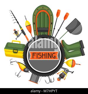 Arrière-plan avec les fournitures de pêche. Pour la conception, des écorcheurs couvre, brochures et dépliants publicitaires Illustration de Vecteur