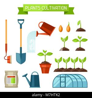 Ensemble d'objets de l'agriculture. Instruments pour la culture, semis de plantes, l'étape du processus de la croissance des plantes, les engrais et les émissions Illustration de Vecteur