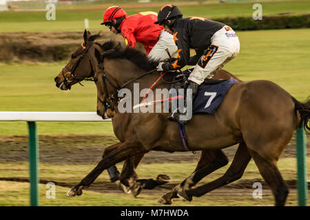 Hereford, Herefordshire, Angleterre. 10 mars, 2018. L'aube l'homme essaie de fermer dans le Seigneur Bryan pendant les 3:25h00 course à l'hippodrome de Hereford Hereford en journée pendant mes chers le 10 mars 2018. Crédit : Jim Wood/Alamy Live News Banque D'Images