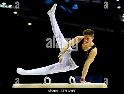 Liverpool, Royaume-Uni. 10 mars, 2018. Frank Baines fait concurrence sur le cheval d'arçons lors de l'homme de la concurrence All-Round Gymnastique 2018 Championnats britanniques à l'Echo Arena le Samedi, 10 mars 2018. LIVERPOOL EN ANGLETERRE. Credit : Crédit : Wu G Taka Taka Wu/Alamy Live News Banque D'Images