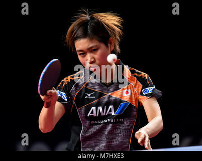 Doha. Mar 10, 2018. Hitomi Sato du Japon renvoie la balle pendant le match quart féminin contre Liu Shiwen de Chine à l'ITTF World Tour Platinum, l'Open du Qatar dans la capitale du Qatar Doha le 10 mars 2018. Hitomi Sato a perdu par 1-4. Credit : Nikku/Xinhua/Alamy Live News Banque D'Images