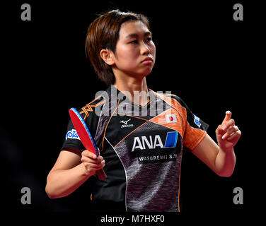 Doha. Mar 10, 2018. Hitomi Sato du Japon réagit au cours du match quart féminin contre Liu Shiwen de Chine à l'ITTF World Tour Platinum, l'Open du Qatar dans la capitale du Qatar Doha le 10 mars 2018. Hitomi Sato a perdu par 1-4. Credit : Nikku/Xinhua/Alamy Live News Banque D'Images