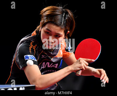 Doha. Mar 10, 2018. Hitomi Sato du Japon renvoie la balle pendant le match quart féminin contre Liu Shiwen de Chine à l'ITTF World Tour Platinum, l'Open du Qatar dans la capitale du Qatar Doha le 10 mars 2018. Hitomi Sato a perdu par 1-4. Credit : Nikku/Xinhua/Alamy Live News Banque D'Images