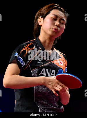 Doha. Mar 10, 2018. Hitomi Sato du Japon réagit au cours du match quart féminin contre Liu Shiwen de Chine à l'ITTF World Tour Platinum, l'Open du Qatar dans la capitale du Qatar Doha le 10 mars 2018. Hitomi Sato a perdu par 1-4. Credit : Nikku/Xinhua/Alamy Live News Banque D'Images