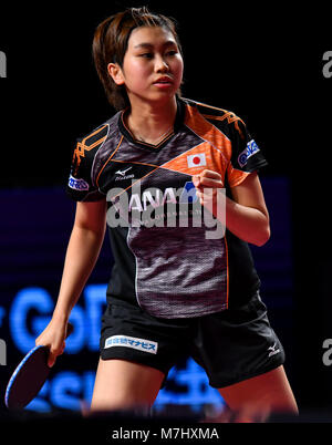 Doha. Mar 10, 2018. Hitomi Sato du Japon réagit au cours du match quart féminin contre Liu Shiwen de Chine à l'ITTF World Tour Platinum, l'Open du Qatar dans la capitale du Qatar Doha le 10 mars 2018. Hitomi Sato a perdu par 1-4. Credit : Nikku/Xinhua/Alamy Live News Banque D'Images