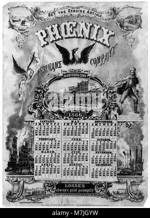 Calendrier pour 1866 - Publicité pour Phoenix Insurance Company, Hartford, Conn., illustrée avec des pompes à incendie, bâtiment en feu et vapeur sur fire RCAC2002716145 Banque D'Images