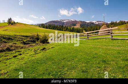 Beau paysage rural au printemps. clôture de bois et de foin sur une colline herbeuse au pied de la crête de montagne Borzhava aux cimes enneigées. Banque D'Images