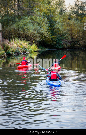 Trois kayakistes dans les gilets de pagayer sur Regent's Canal à King's Cross, Londres, Royaume-Uni, Camley Street réserve naturelle sur la gauche, 2012 Banque D'Images