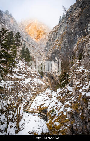 Mountain Valley et mur rouge gorge Baerenschuetzklamm avec frozen neige glacée couvertes de cascades avec coffret bois escaliers et des ponts en hiver en Autriche Banque D'Images