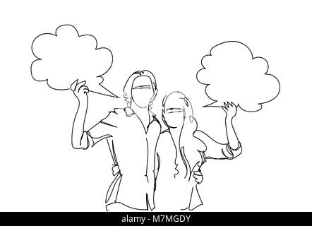 Sketch Couple tenir copie Espace Cloud bulle chat Doodle l'homme et de la femme sur fond blanc Illustration de Vecteur