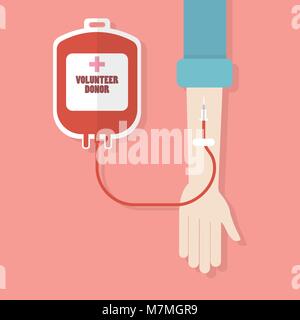 Le don de sang des donneurs à la main avec un sac. Style plat vector illustration Illustration de Vecteur