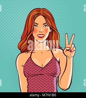 Belle jeune fille rousse. Geste de la main est symbole de victoire ou la paix. Pop art retro style bande dessinée. Cartoon vector illustration Illustration de Vecteur