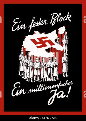 Vintage WW2 affiche de propagande nazie avec croix gammée Carte de l'Allemagne fait la promotion de l'Anschluss de l'Autriche", 1938 "un bloc solide / une millionfold oui !' Cette affiche de propagande favorise la réunion du 10 avril 1938 pour l'Autriche "Anschluss". Le gouvernement nazi de-seminated la fiction d 'communauté', dont la puissance a été basée sur les militaires, l'industrie et l'agriculture et était prêt à "défendra les réalisations du national-socialisme" à tout prix... Banque D'Images