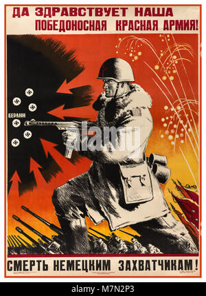 Vintage WW2 1940 affiche de propagande russe 'Longue vie à notre armée rouge victorieux !' - 'la mort à l'envahisseur allemand !" Banque D'Images