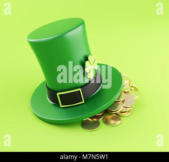 3d illustration. Le jour de la Saint Patrick chapeau vert avec des pièces d'or. Banque D'Images