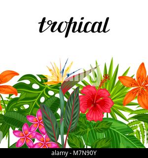 Une frontière horizontale avec des plantes tropicales, feuilles et fleurs. A l'arrière-plan sans masque de découpe. Facile d'utilisation pour toile de fond, du textile, du papier d'emballage Illustration de Vecteur