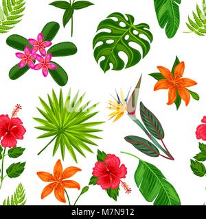 Modèle transparent avec des plantes tropicales, feuilles et fleurs. A l'arrière-plan sans masque de découpe. Facile d'utilisation pour toile de fond, du textile, du papier d'emballage Illustration de Vecteur