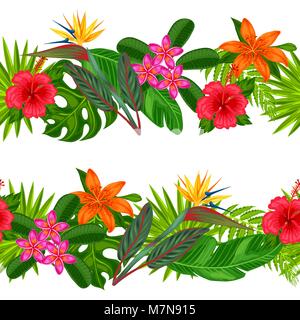 Les frontières horizontales transparente avec des plantes tropicales, feuilles et fleurs. A l'arrière-plan sans masque de découpe. Facile d'utilisation pour toile de fond, du textile, du papier d'emballage Illustration de Vecteur